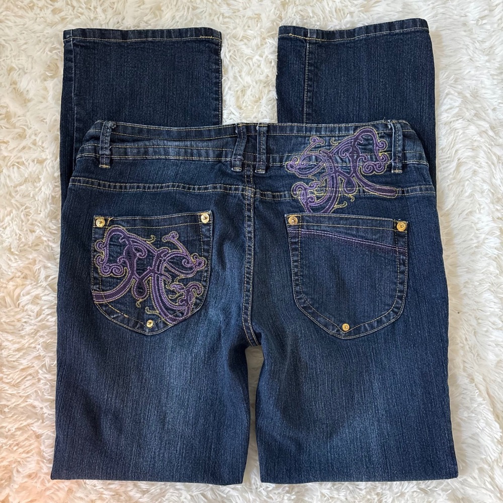 Mecca Femme Y2K Dark Wash Embroidered Bootcut Jeans Purple Gold Size 15/16